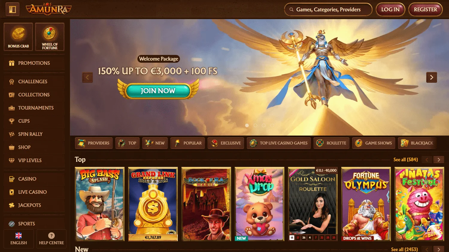 Amunra Casino home experience on desktop
