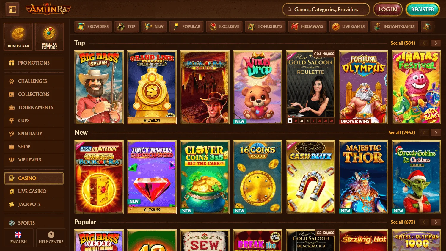 Amunra Casino games area on desktop