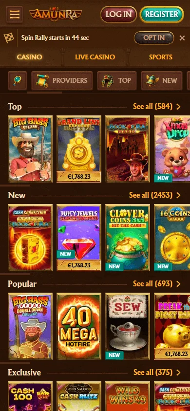 Amunra Casino games area on a mobile device