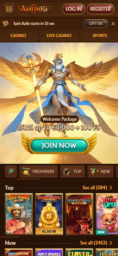 Amunra Casino home experience on a mobile device